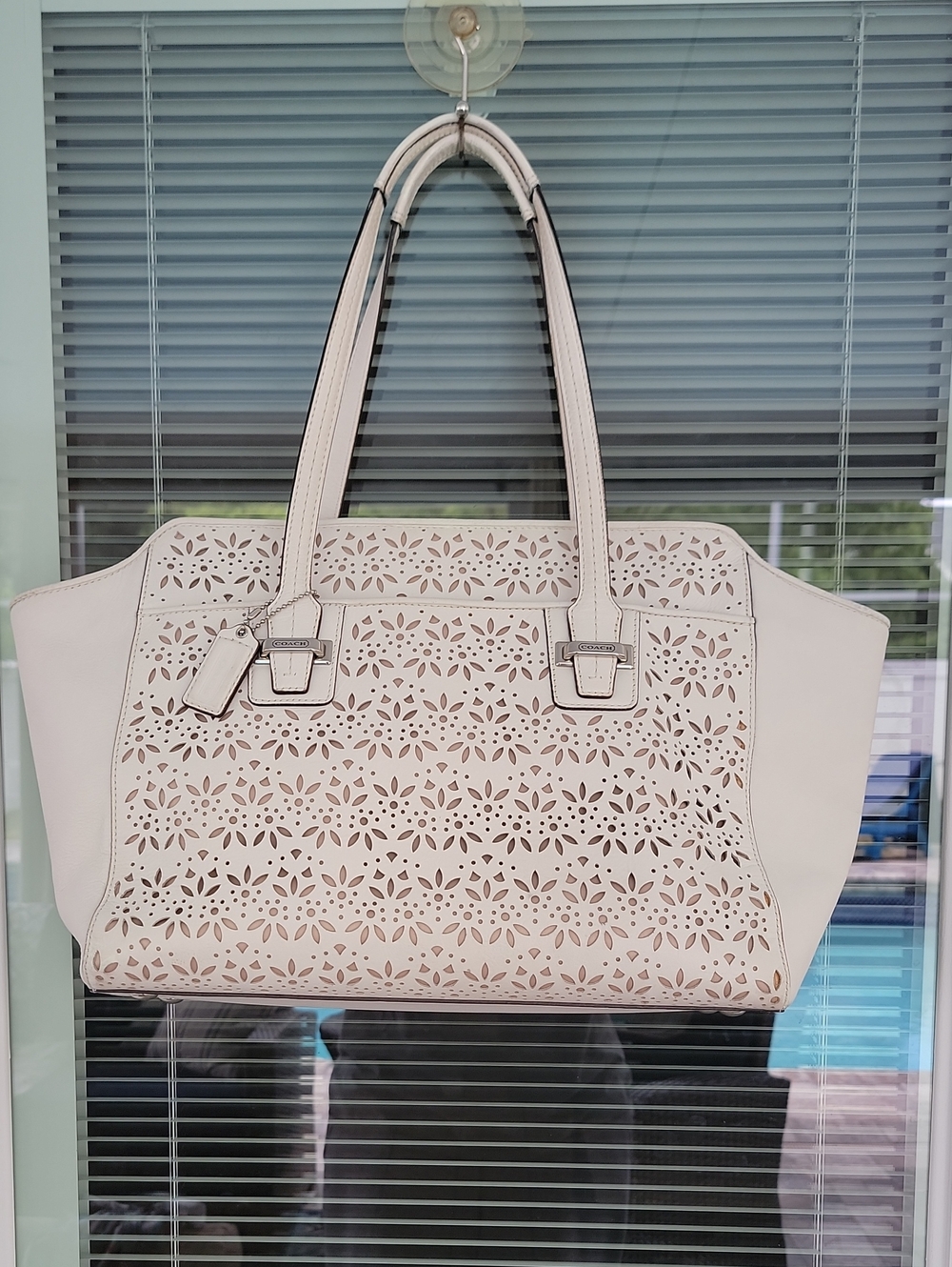 Coach Taylor Eyelet Chalk Leather Laser Cut Tote Bag Satchel 2013